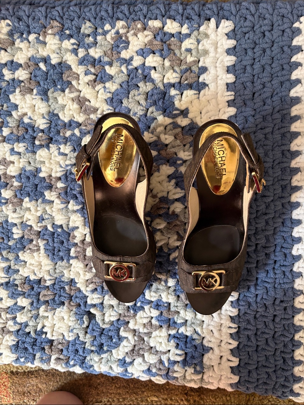 Michael Kors Brown Open-Toe Slingback Heels with Gold MK Accent